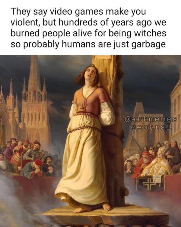 Painting of a woman tied to a stake, with text comparing video games to witch burnings.