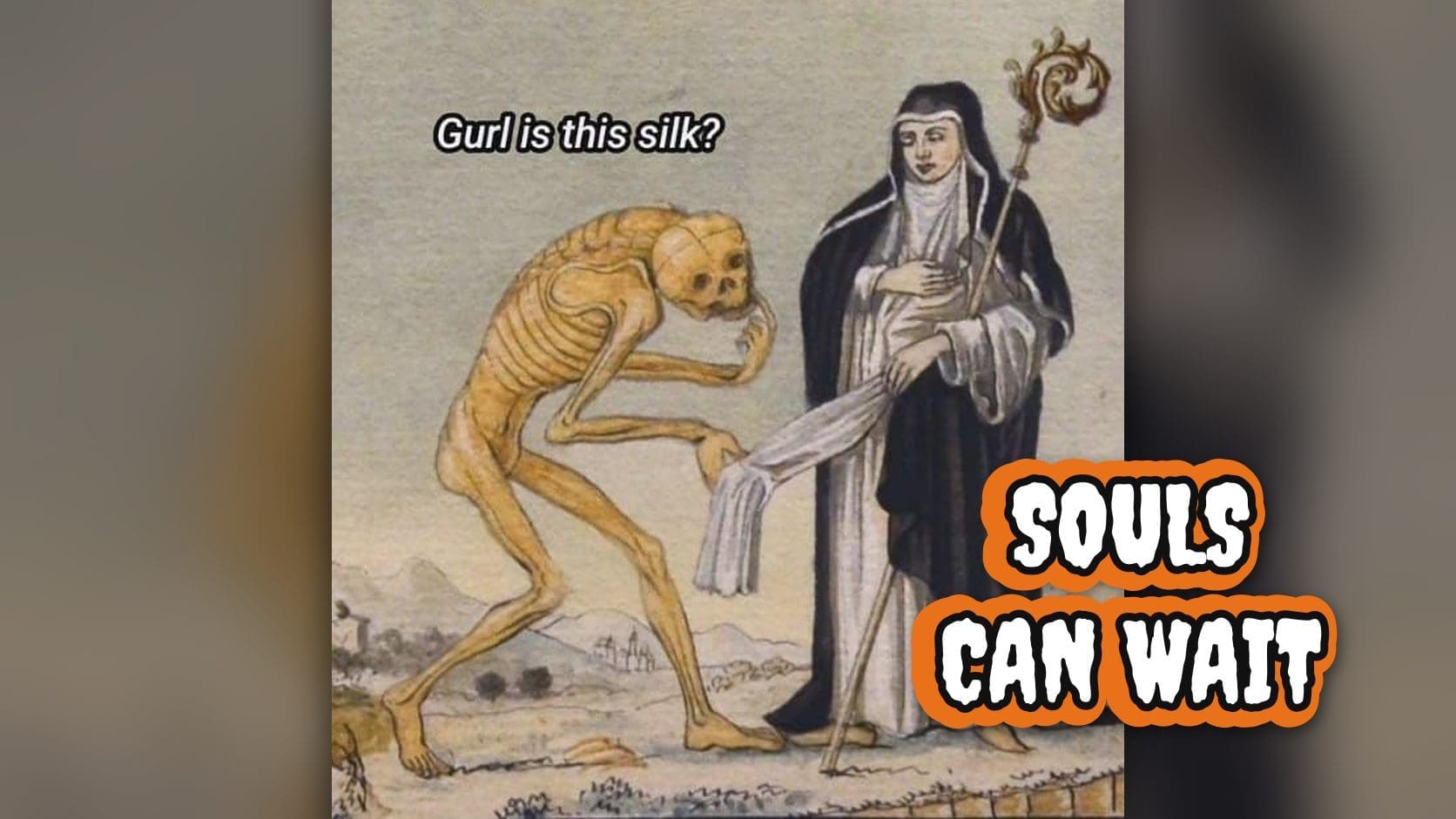 Medieval drawing of skeletal Death pausing to admire a nun's silk robe, a spooky season favorite among classical art memes.