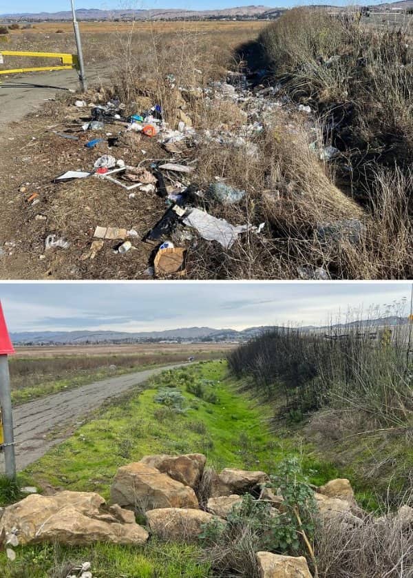 Cleaning before and after of a roadside drainage ditch cleared of trash, now green grass.