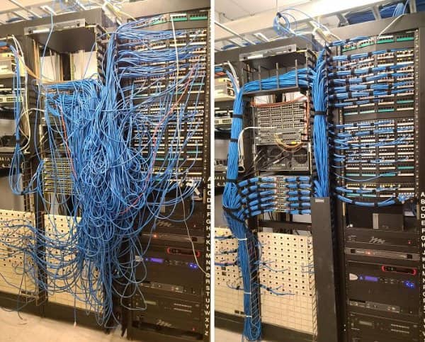 Wall of chaotic blue ethernet cables at a patch panel reorganized into tidy bundled lines.