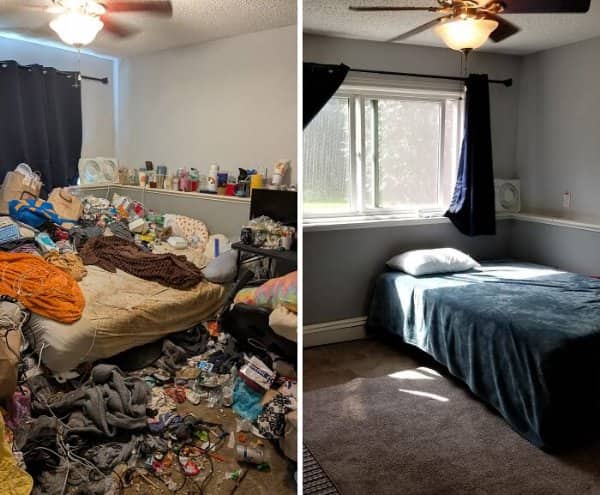 Cluttered bedroom with clothes and trash piled on the bed cleaned into a tidy, sunny room.