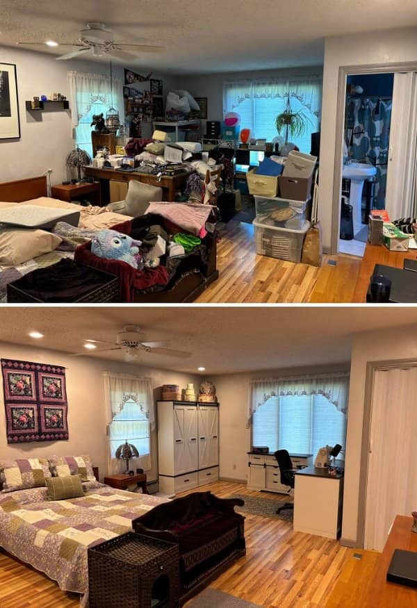 Crowded bedroom full of boxes and laundry transformed into a tidy room with a patchwork quilt.