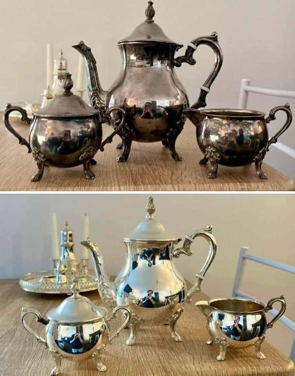 Tarnished silver tea set polished until it reflects the room like a set of mirrors.