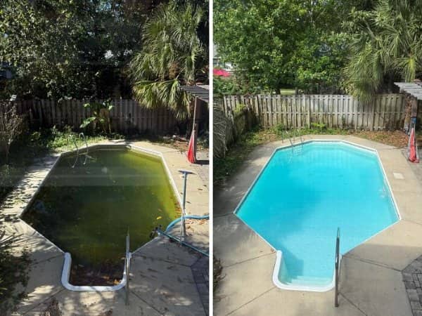 Green murky backyard swimming pool cleaned into crystal blue water in a cleaning before and after.