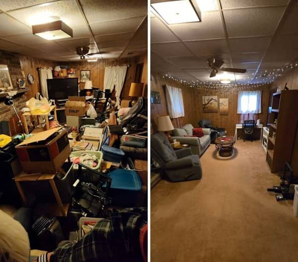Basement den stacked with boxes and clutter cleaned into a cozy room with couches and string lights.