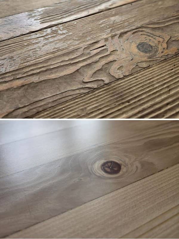 Weathered gray floorboards with peeling finish restored to smooth, glossy wood around a dark knot.