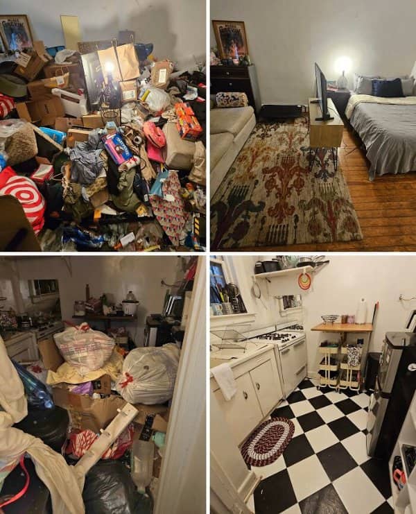 Hoarded apartment bedroom and kitchen cleaned into a cozy room and a checkered-floor kitchen.