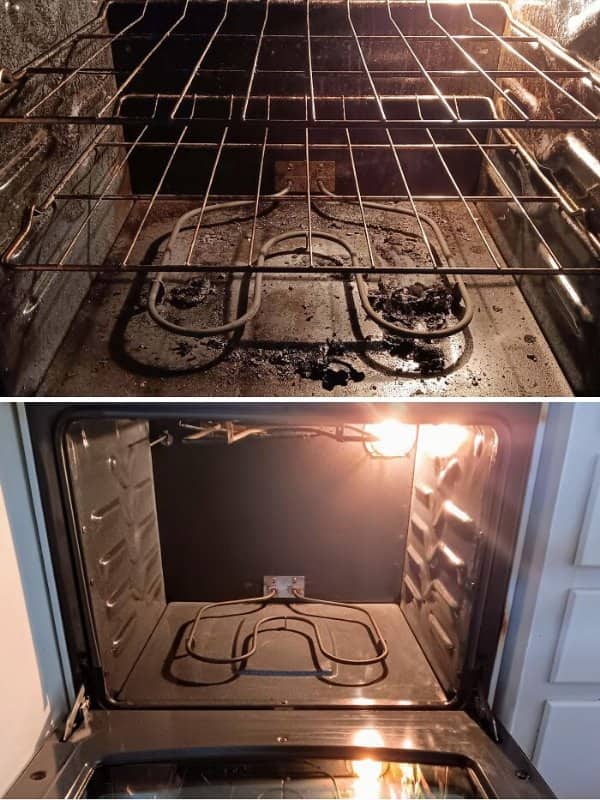 Oven interior covered in burnt crumbs and charred debris scrubbed clean with the racks removed.