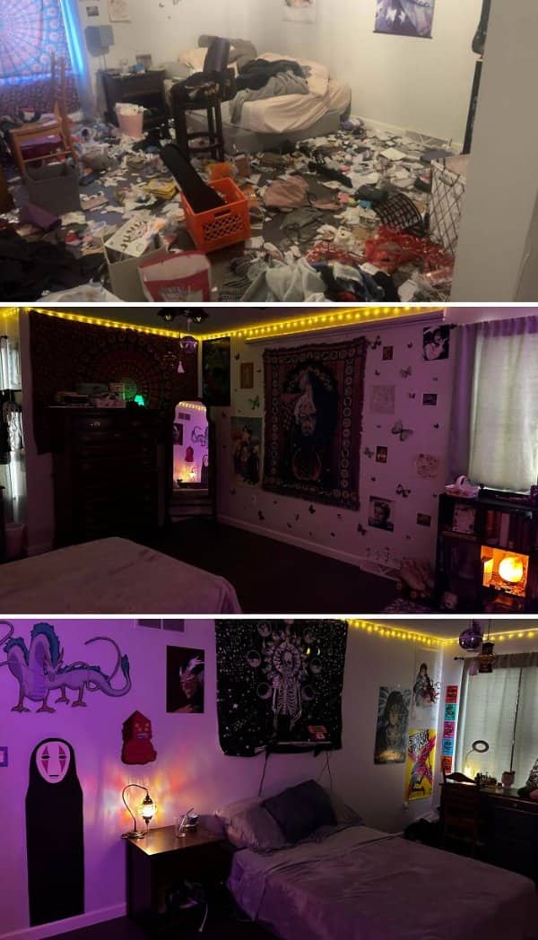 Trashed bedroom with clutter covering the floor redone with string lights, tapestries, and anime posters.