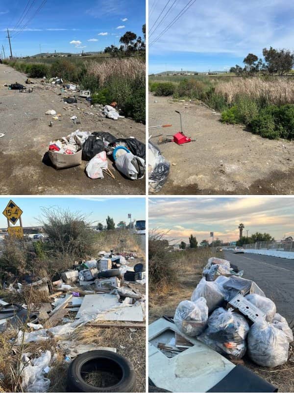 Illegal roadside dumping site cleaned up, with collected trash bagged and piled for pickup.