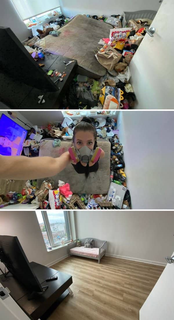 Hoarded bedroom cleaned by a person wearing a respirator mask, ending as an empty bright room.