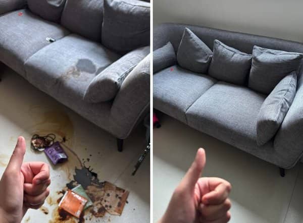 Gray couch with a coffee stain and spill on the floor cleaned spotless, thumbs up in both shots.