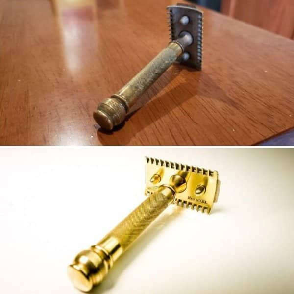 Tarnished old safety razor restored and polished into a shiny gold finish.
