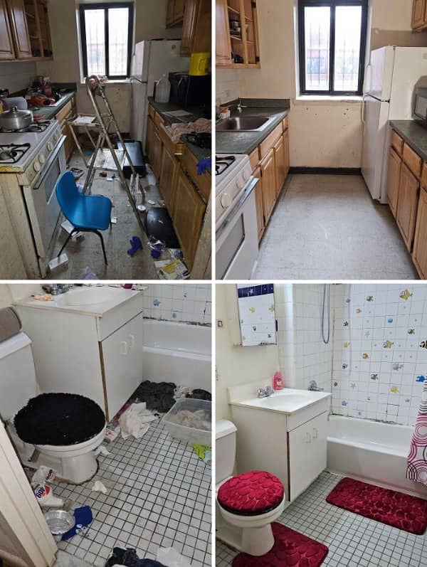 Trashed apartment kitchen and bathroom cleaned up, finished with a red toilet cover and bath mats.