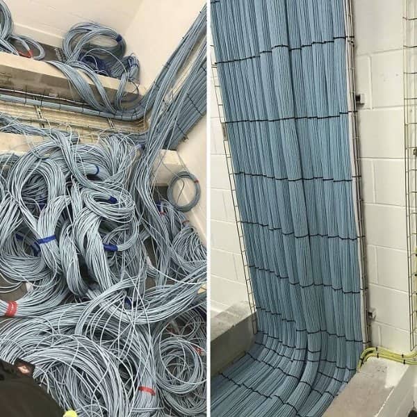 Huge pile of tangled blue network cables rearranged into a neat vertical curtain against a wall.