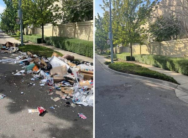 Pile of cardboard and garbage dumped on a suburban street, then the same curb swept clean.