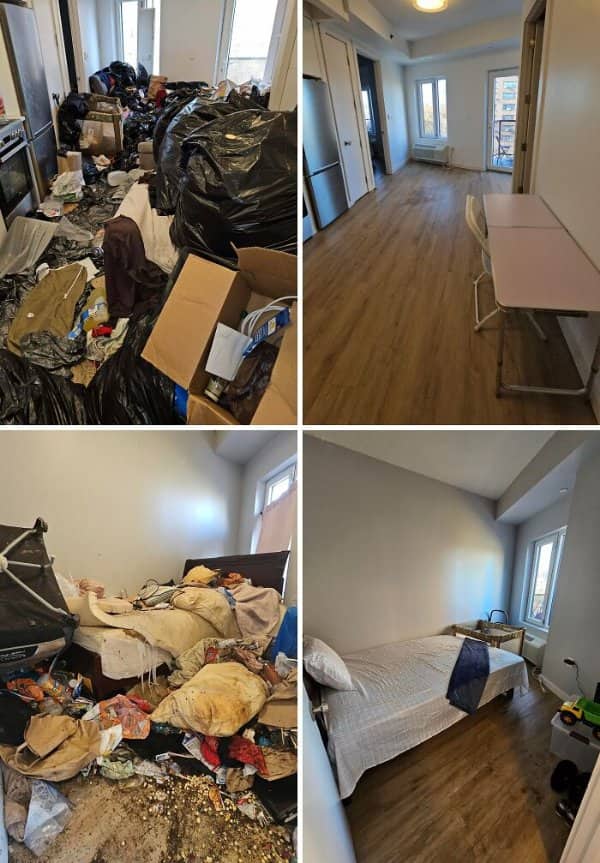 Apartment buried in black trash bags and clothes cleared out into empty rooms with wood floors.