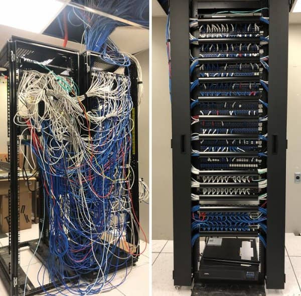 Server rack spilling tangled blue and white cables, then rewired into neat organized rows.