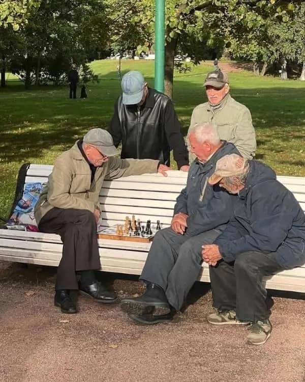 Group of older men gathered around a chess game on a park bench on a sunny day.
