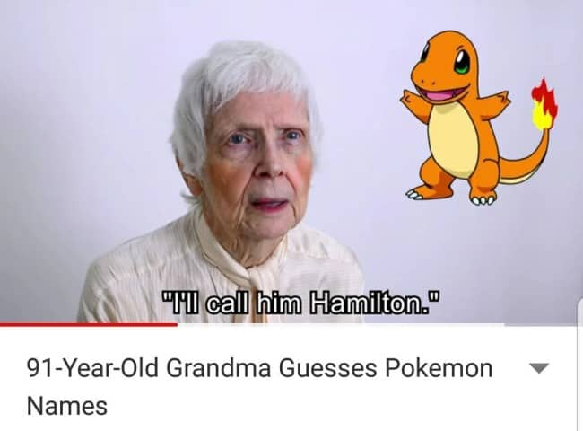 Video still of a 91-year-old grandmother guessing Pokemon names, calling Charmander Hamilton.