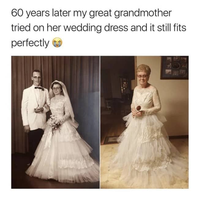 Great grandmother's wedding photo beside her wearing the same dress sixty years later.