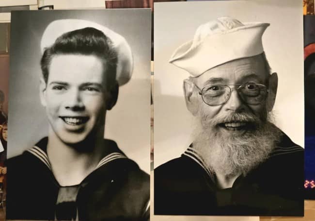 Side by side portraits of a young sailor and the same man decades later in uniform.