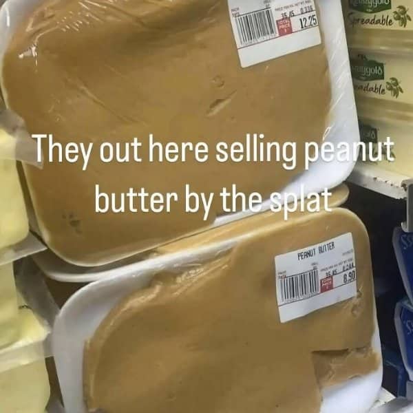 Large slabs of peanut butter sold in plastic trays like meat at a grocery store.