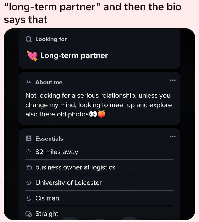 Dating profile set to long-term partner, while the bio says not looking for anything serious.
