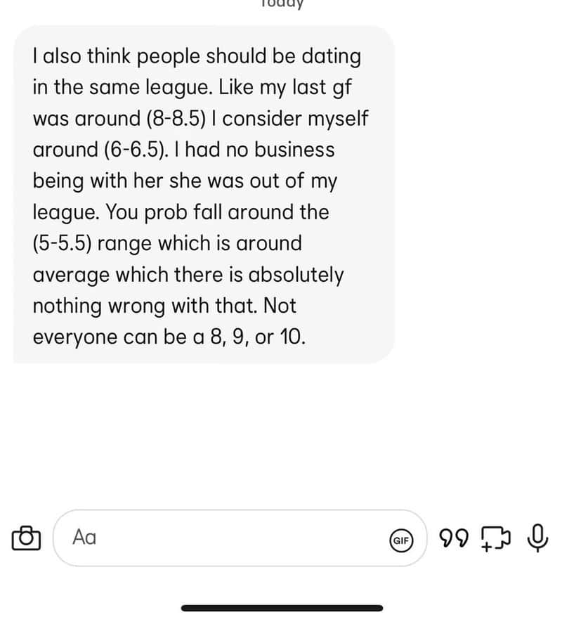 Message rating his ex an eight, himself a six, and his match around a five.
