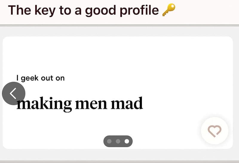 Dating profile saying she geeks out on making men mad.