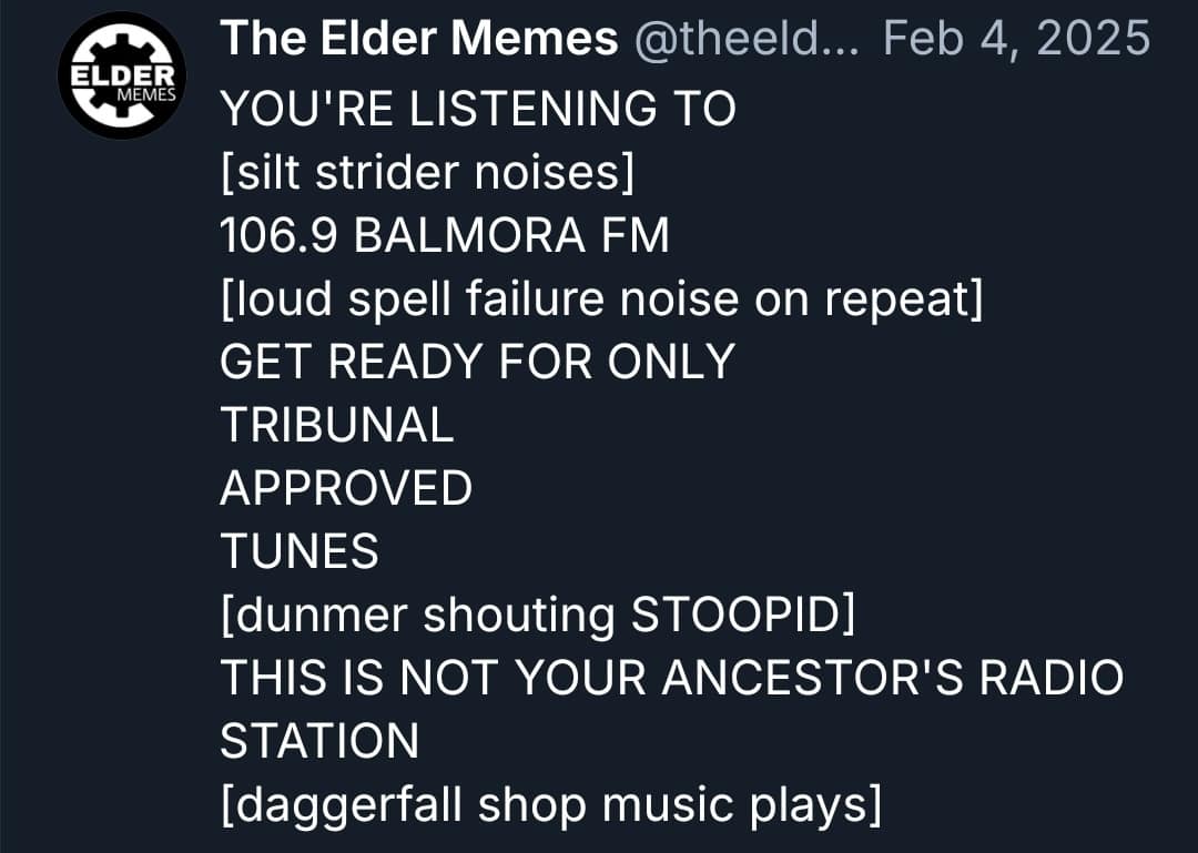 Elder Scrolls parody tweet styled as a Morrowind radio station with spell failure noises.