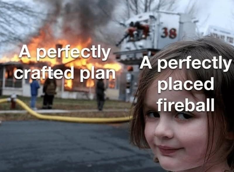 Disaster girl smiling in front of a burning house, labeled a perfectly placed fireball.