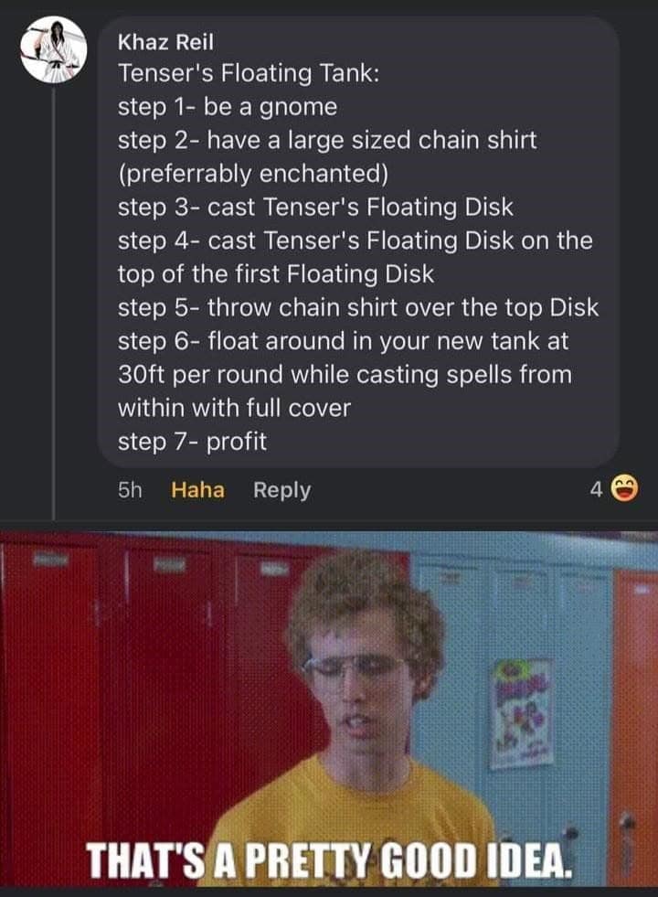 Comment explaining a gnome tank built from chainmail and two stacked Tenser's floating disks.