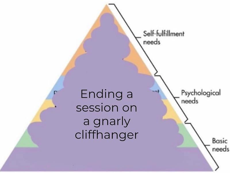Hierarchy of needs pyramid where every level is ending a session on a gnarly cliffhanger.