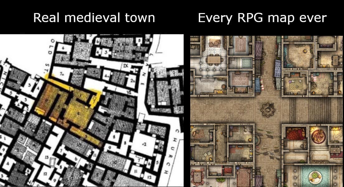 Side by side maps comparing a cramped real medieval town to a tidy RPG town map.