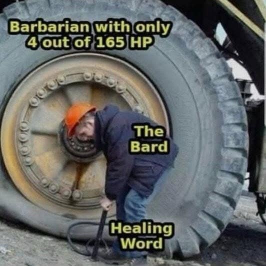 Tiny bard with a hand pump inflating a giant tire labeled barbarian at 4 HP.