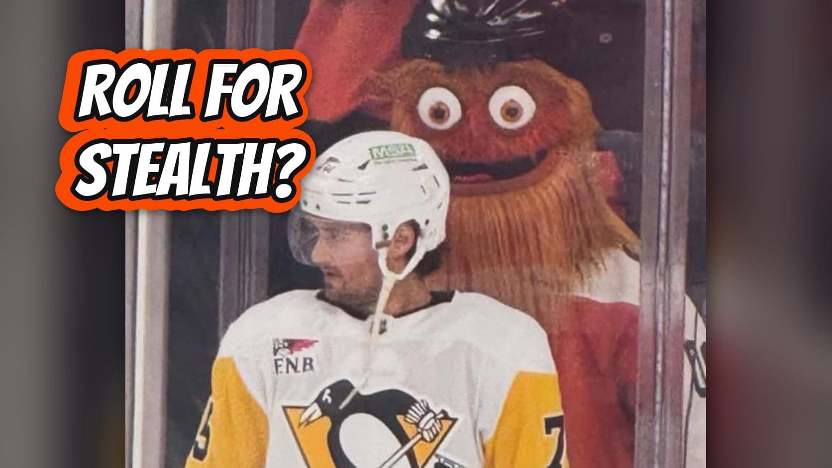 Gritty the hockey mascot looming behind an unaware player, a sneak attack joke from this week's DnD memes.