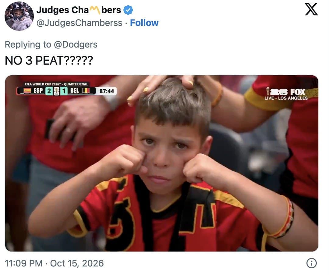 Crying young soccer fan in a stadium, captioned no three-peat