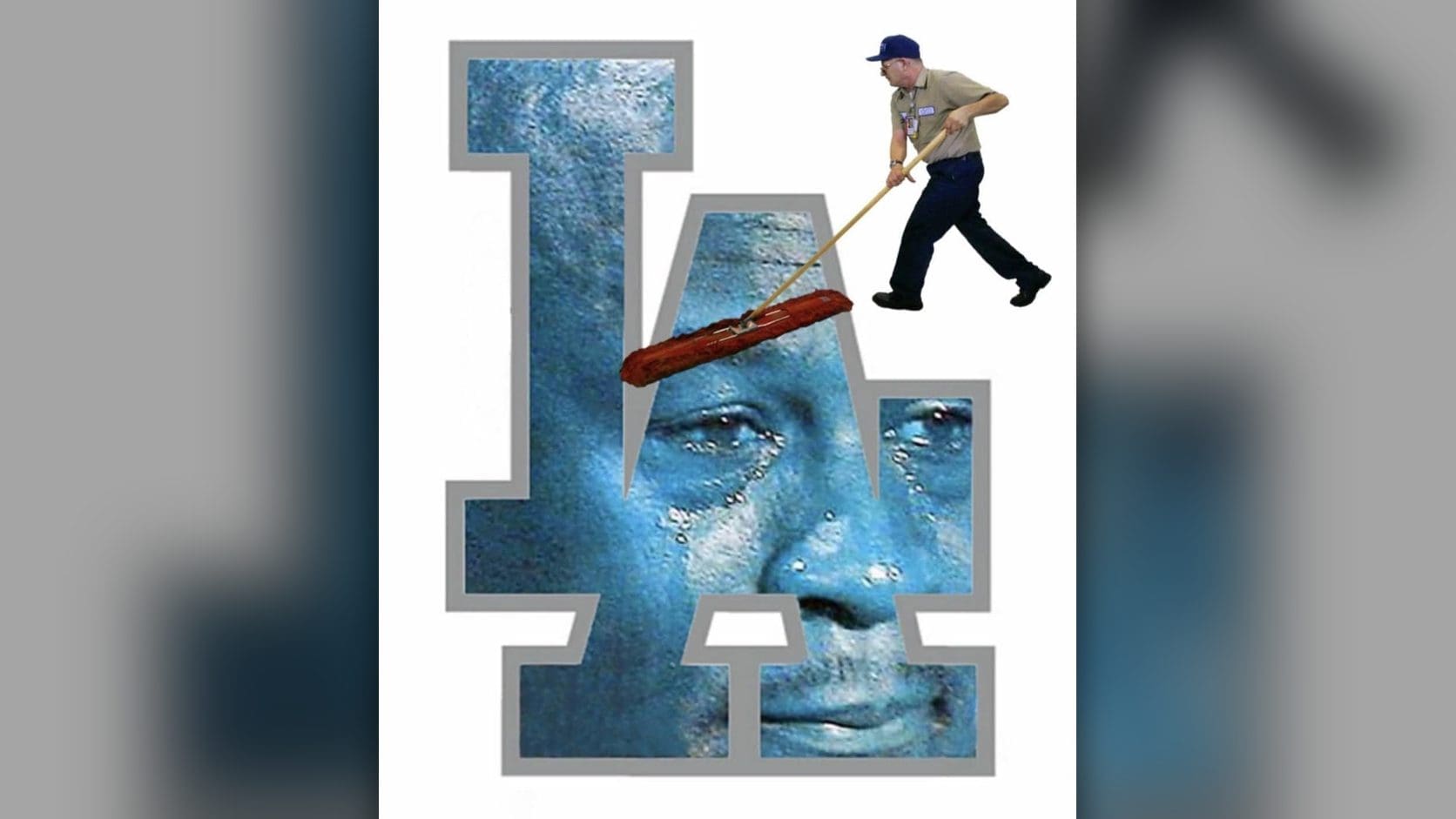 Dodgers swept memes edit of the LA logo with a Crying Jordan face being swept by a janitor with a push broom.