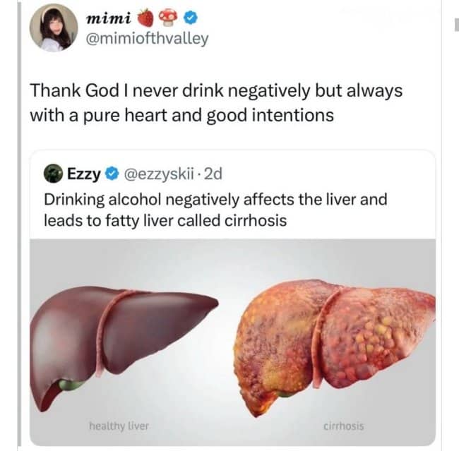 Tweet comparing a healthy liver with cirrhosis, quoted by someone who only drinks with good intentions.