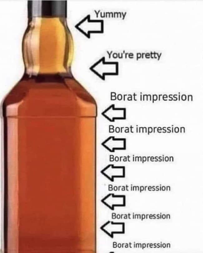 Whiskey bottle chart labeling each level, from yummy to you're pretty to repeated Borat impressions.