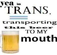 Text meme beside a mug of beer making a pun about transporting this beer to my mouth.