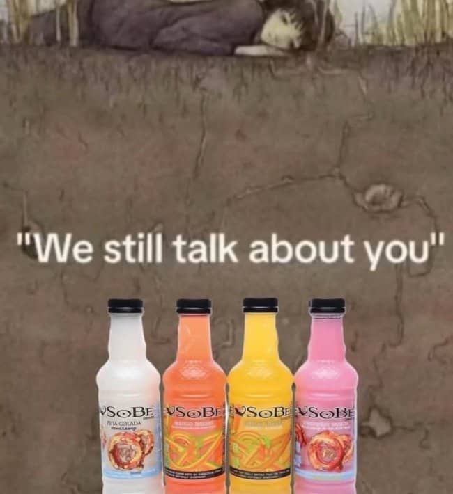 Four SoBe drink bottles buried underground below a mourning figure, captioned we still talk about you.
