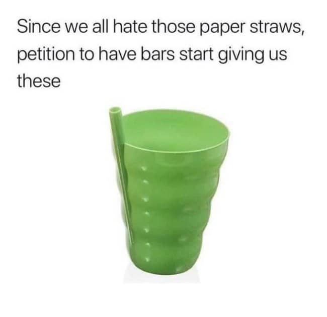 Green plastic cup with a built-in straw, proposed as a bar upgrade for people who hate paper straws.