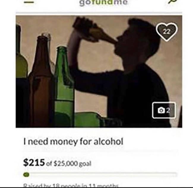 Crowdfunding page showing a silhouette drinking from a bottle, asking for alcohol money with $215 raised.