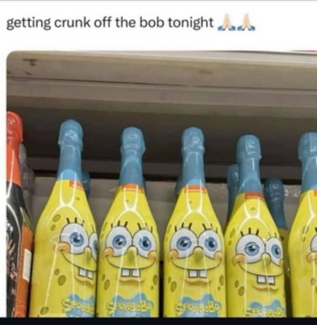 Store shelf of SpongeBob shaped sparkling drink bottles, with a joke about partying hard tonight.