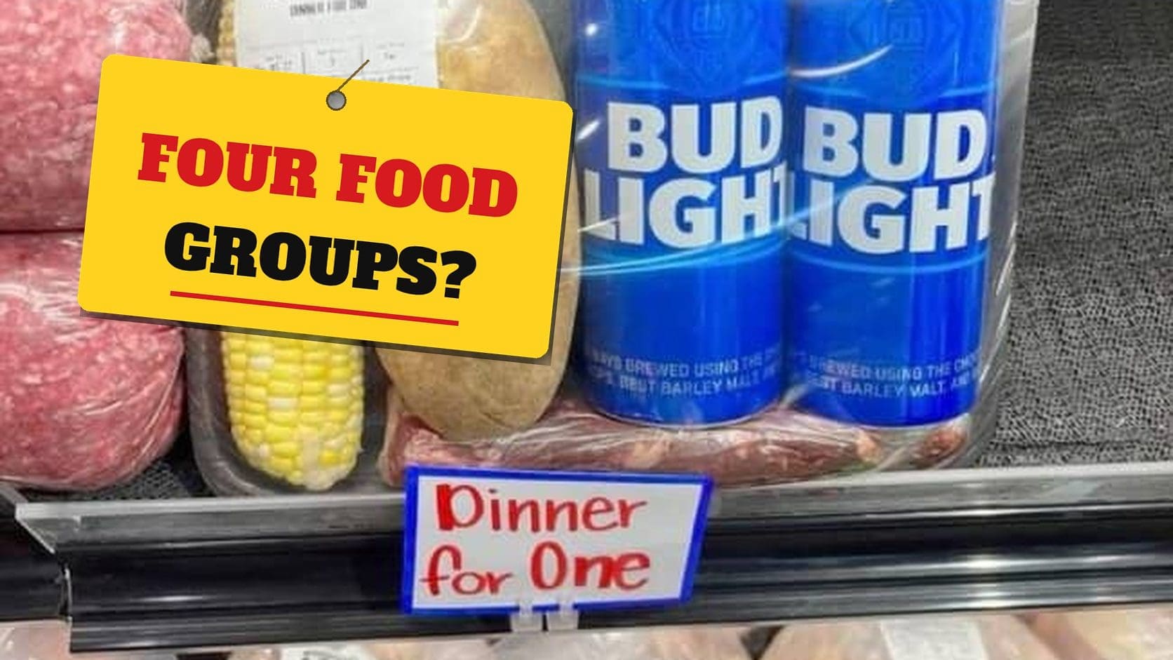 Supermarket dinner for one tray with corn, a potato, steak, and two Bud Light cans, a classic among drinking memes.