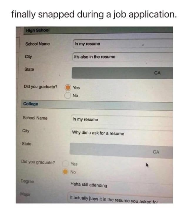 Job application filled out with answers saying the information is already in the resume.