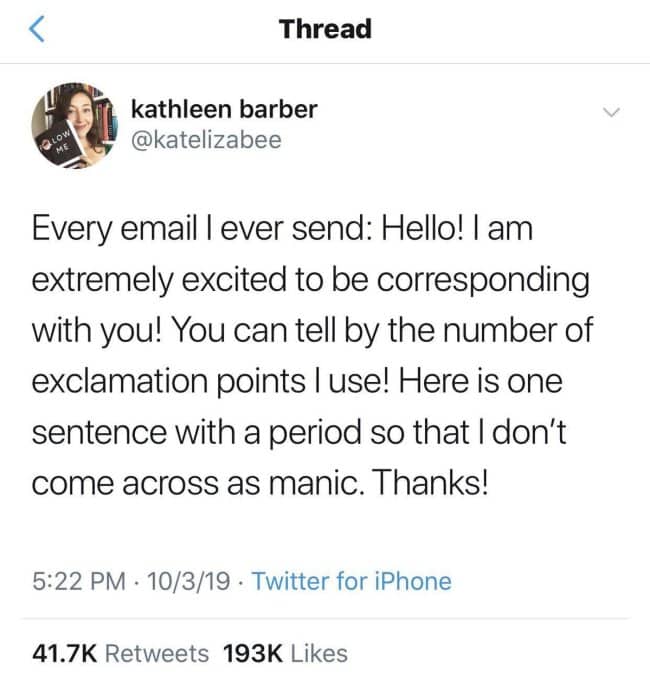 Tweet about overusing exclamation points in emails, plus one period to seem calm.