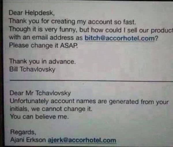 Email exchange about an unfortunate initials-based work address and a reply with its own surprise.